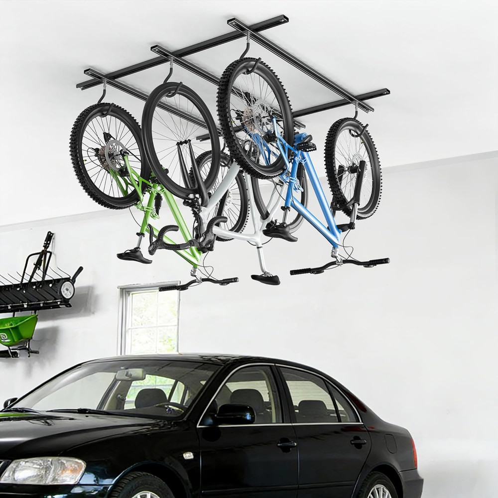 Garage Ceiling Bike Rack, Adjustable Overhead Bicycle Storage System – Stores 3