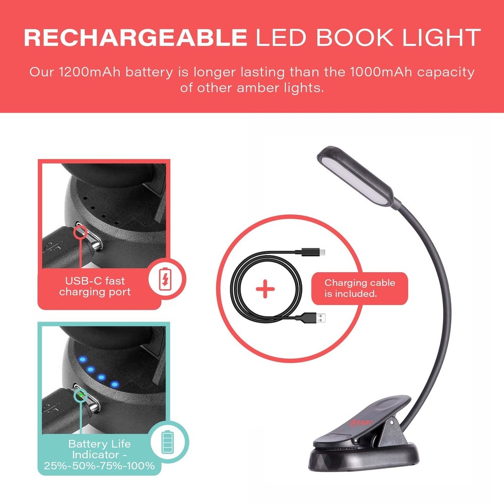 Amber Book Light, Blue Light Blocking Dual Mode Rechargeable Night Reading Light