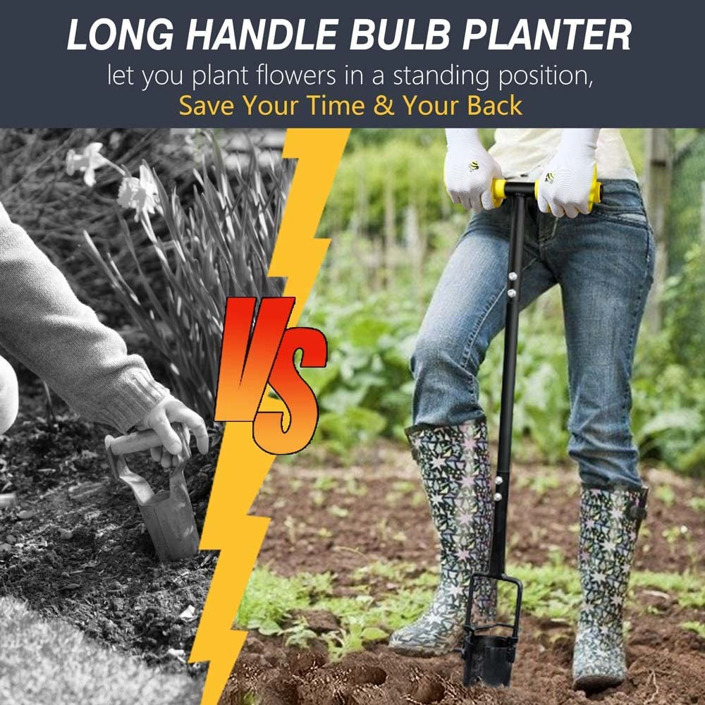 Bulb Planter Tool Long Handle, Serrated Base Gardening Bulb Transplanter with So