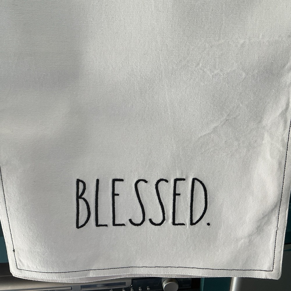 Rae Dunn "BLESSED" TABLE RUNNER Embroidered Stitched Linen New A31