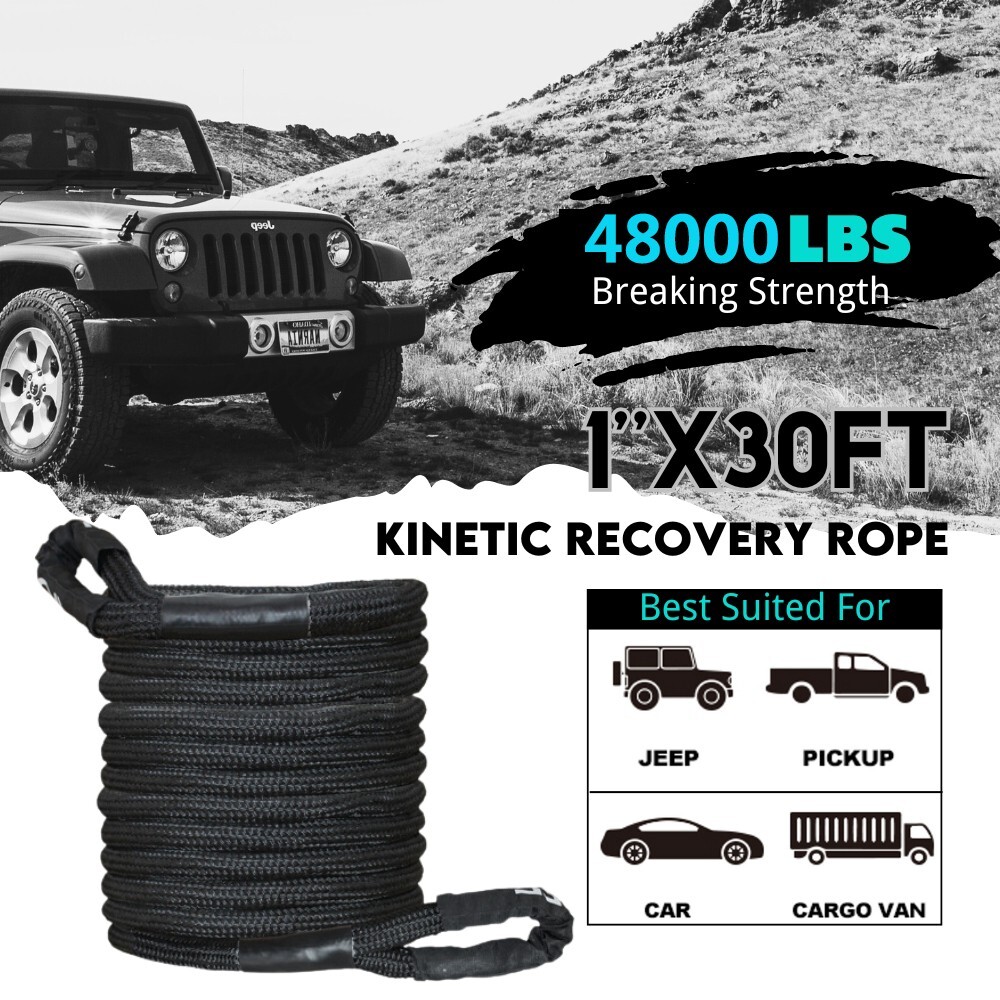 1" x 30' Kinetic Energy Recovery Rope Tow Strap Heavy Duty Snatch Rope W/Shackle