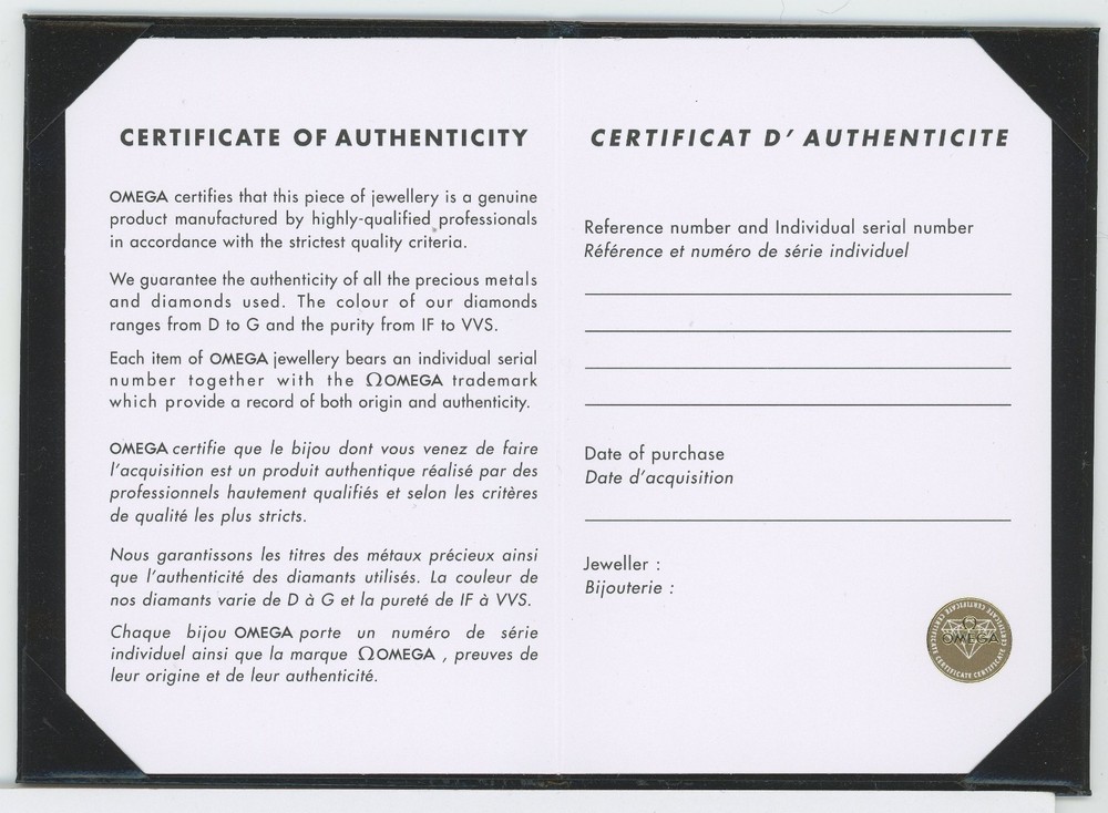 Omega Certificate of Authenticity Open Blank