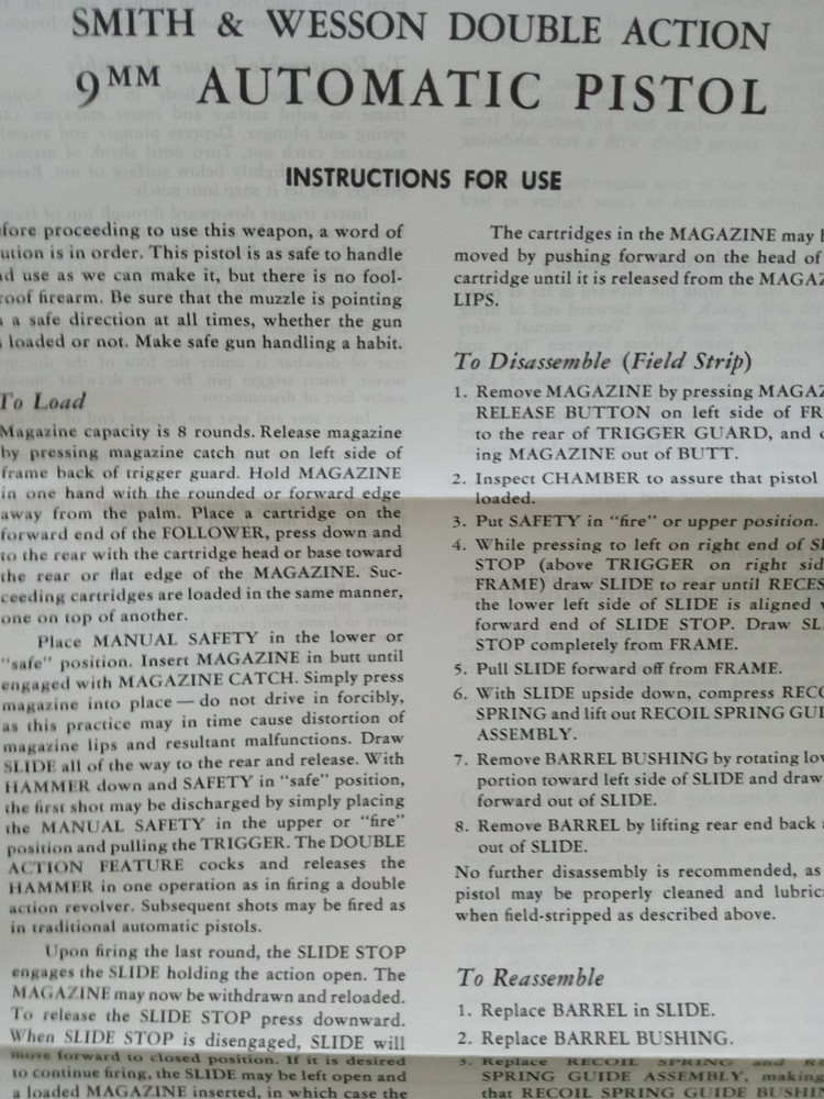 SMITH&WESSON 9MM PISTOL DA MODEL NO.39 INSTRUCTIONS/SPECS SHEET