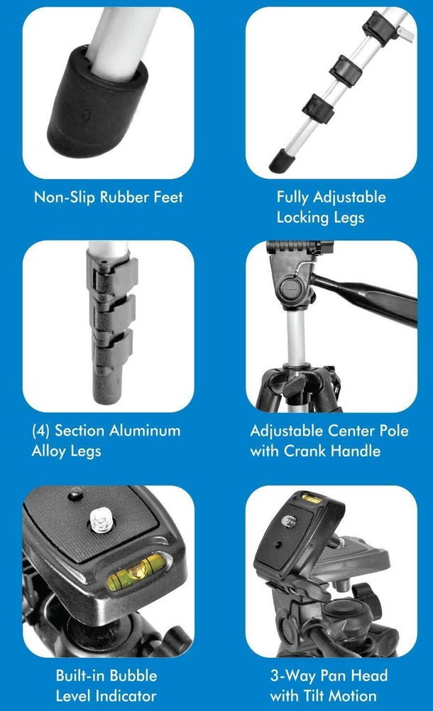 50 Black Camera Tripod 3 Way Fluid Pan Head Adjustable Locking Legs Low Angle