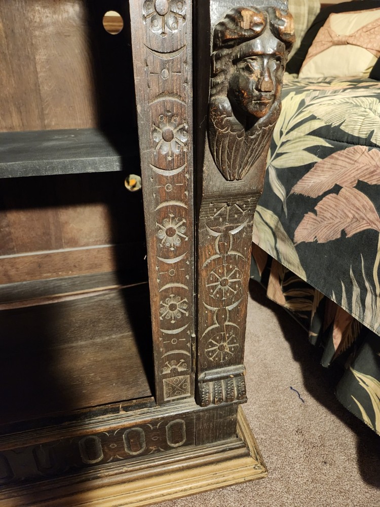 Antique Carved Oak Bookcase Cupboard