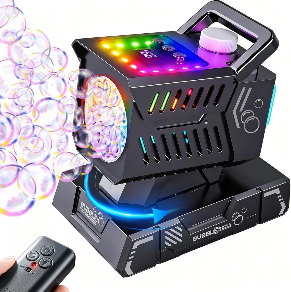Upgraded bubble machine with remote control and automatic rotation RGB lights