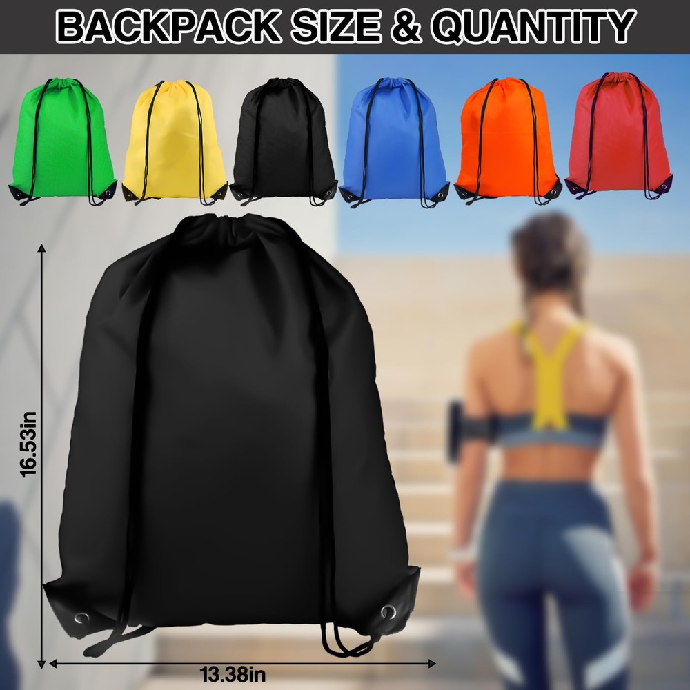 Drawstring Backpack 6Pcs Gym Bags Black Draw Medium, Multicolor