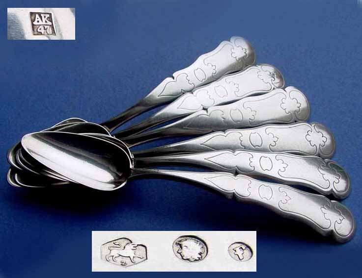 Rare Set, 6 Spoons, around 1865, 833 Silver B152