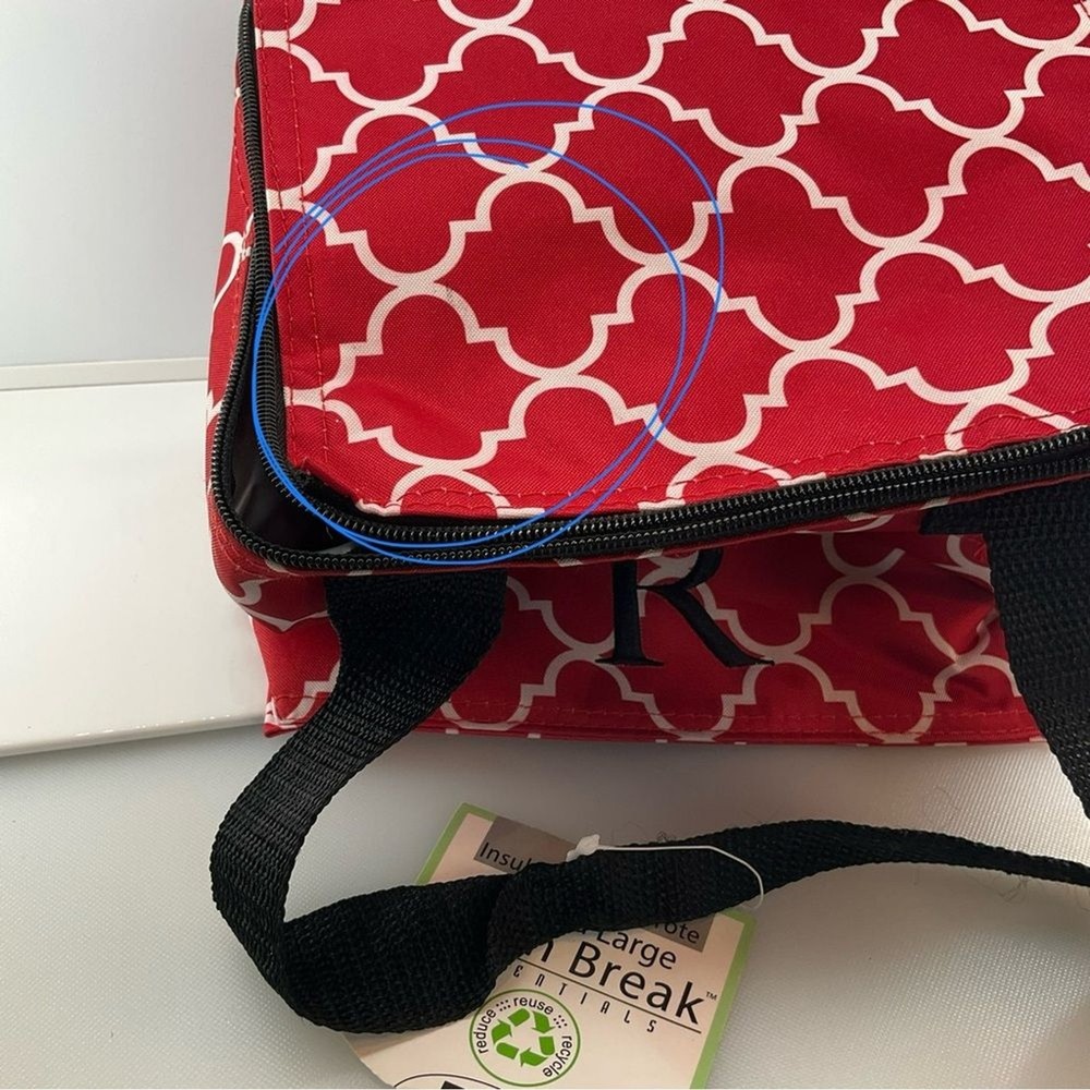 HOME ESSENTIALS Monogrammed R Lunch Box Patterned Insulated Red White NWT