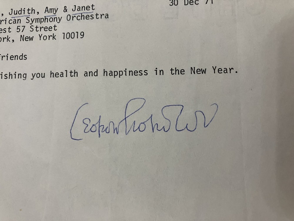 Signed note from Leopold Stokowski 1971 - American Symphony Orchestra