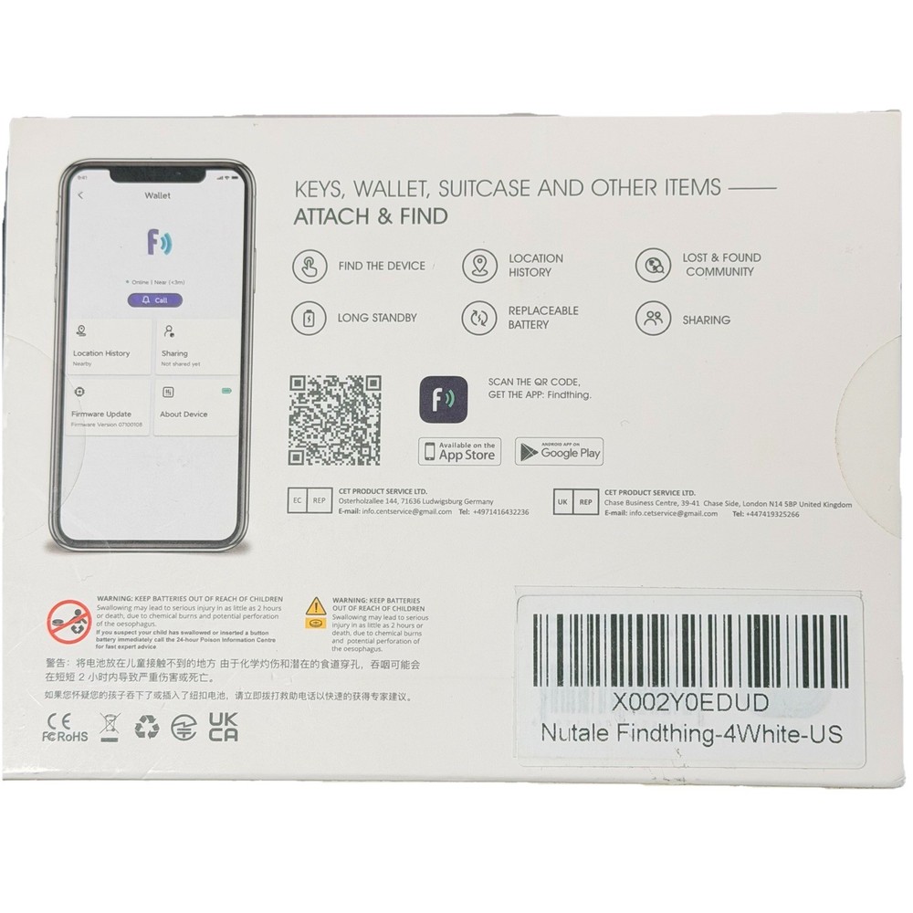 Nutale Findthing Key Finder 4-Pack Bluetooth Tracker for Keys, Wallets - White