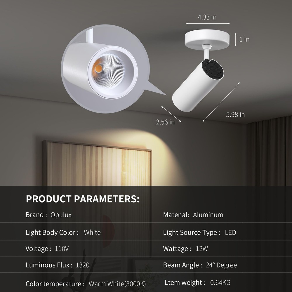12W LED Dimmable Ceiling Spotlight Indoor - Adjustable Wall Surface Accent La...
