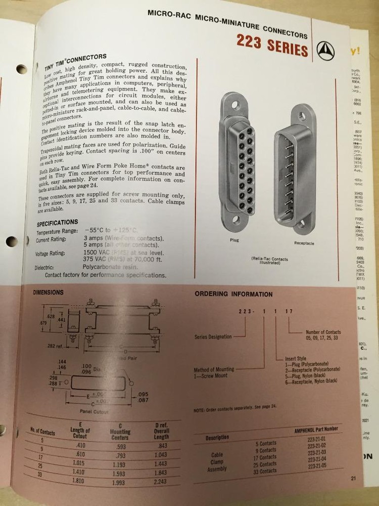 Amphenol Catalog ~ Pin & Socket Connectors Min-Rac Miniature Panel Tools PS-1