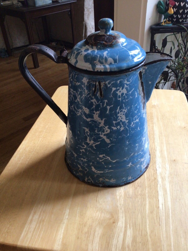 Blue Speckle enamelware kettle Pot for Display Artificial Flower Arrangements