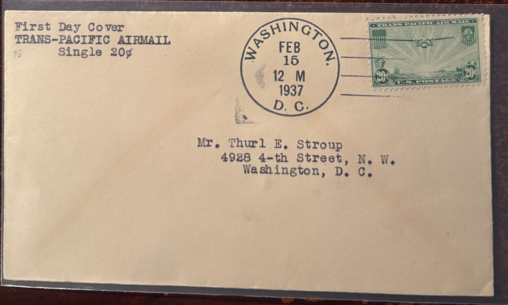 #C21 20 cent Trans Pacific Air mail FDC, DC cancel, no cachet
