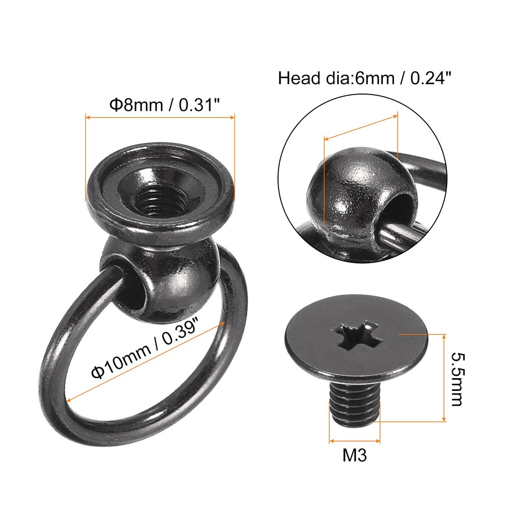 6x8mm Ball Head Stud Rivets Screw Back with O Ring, 12Pack, Metallic Black