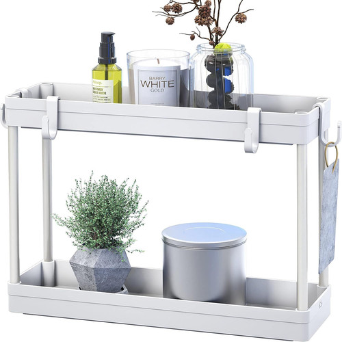 Simple Houseware 2-Tier Under Sink Organizer Storage Tray with Hooks, White