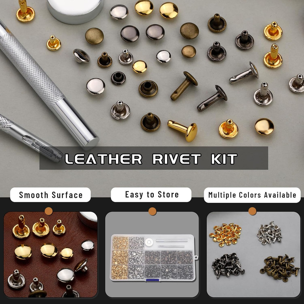 540 PCS Leather Rivets, 3 Different Sizes Double Cap Rivets Kit with Leather Riv