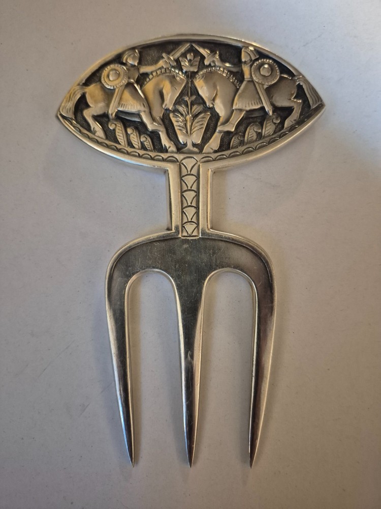 Vtg. David Andersen Silver Plated Vikings Motif Meat/bread Fork
