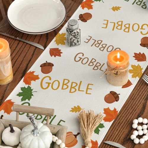 Gobble Turkey Maple Leaves Thanksgiving Table Runner, Table Runner, 13" x 108"
