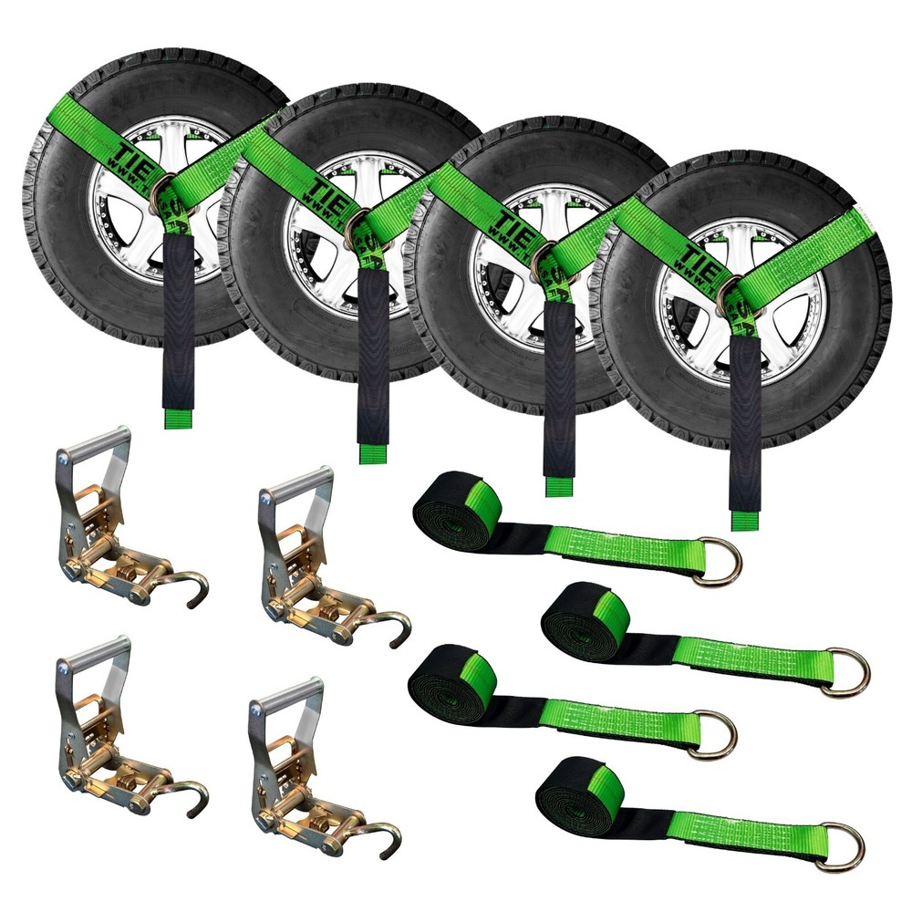 4 Pack 2" x 10' Lasso Wheel Lift Strap Ratchet w/ J Finger Hook Towing Green