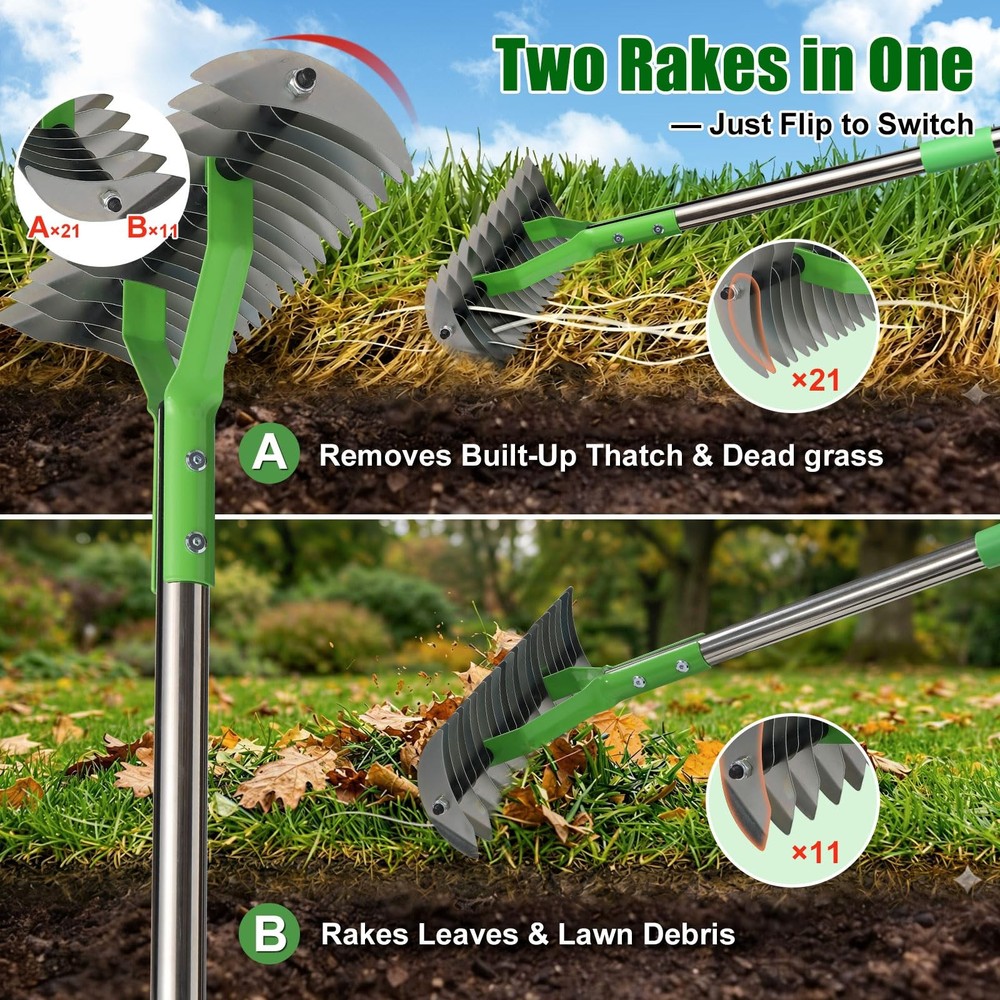2-in-1 Lawn Thatch Rake - Adjustable Handle, Heavy Duty Dethatching & Scarifier