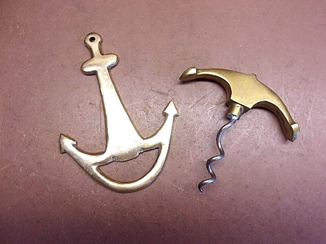 Vintage Solid Brass Nautical Theme Anchor Corkscrew & Bottle Opener Nice Pair!