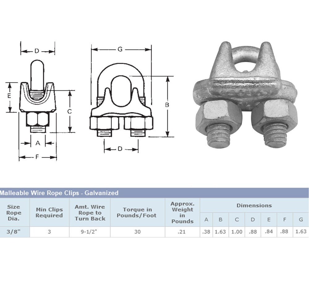 Drop Forged Galvanized Wire Rope Cable Clips 3/8 inch - 2 Pc