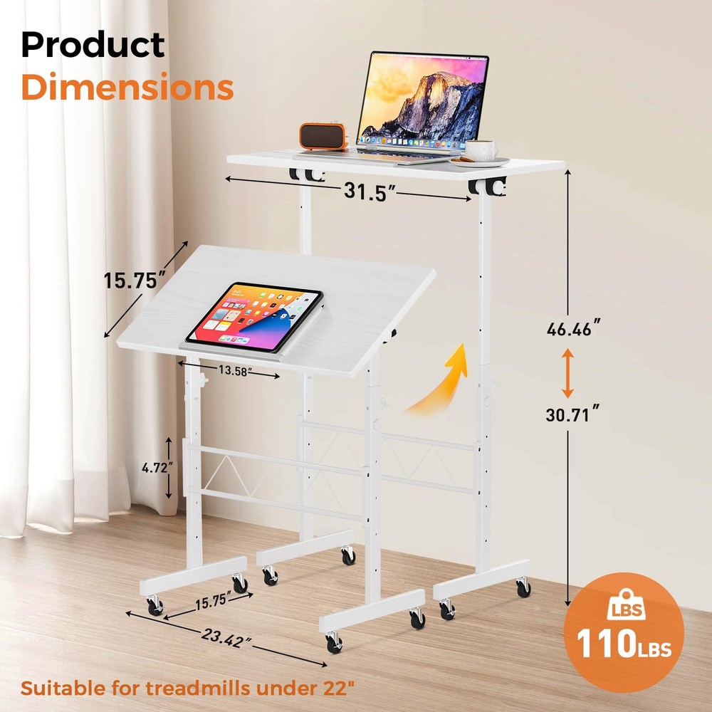 COMHOMA Small Standing Desk Adjustable Height, Tiltable Tabletop, Mobile