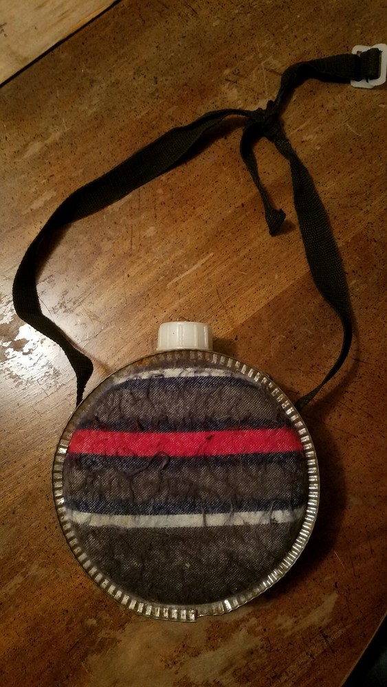 Vintage Wool Striped Blanket Covered Galvanized Metal Canteen