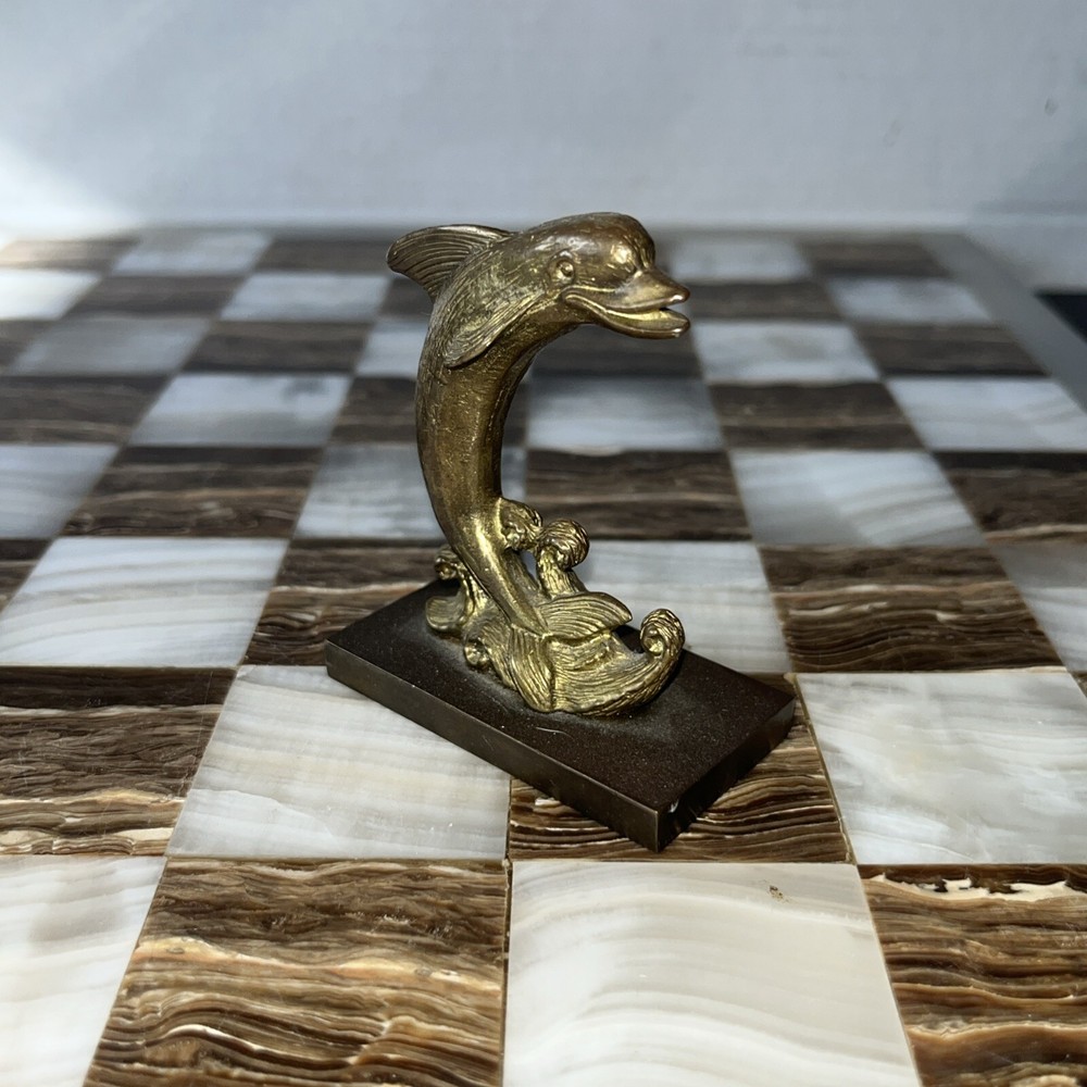 Vintage Solid Brass Dolphin Jumping Waves Small Statue Figurine Paperweight