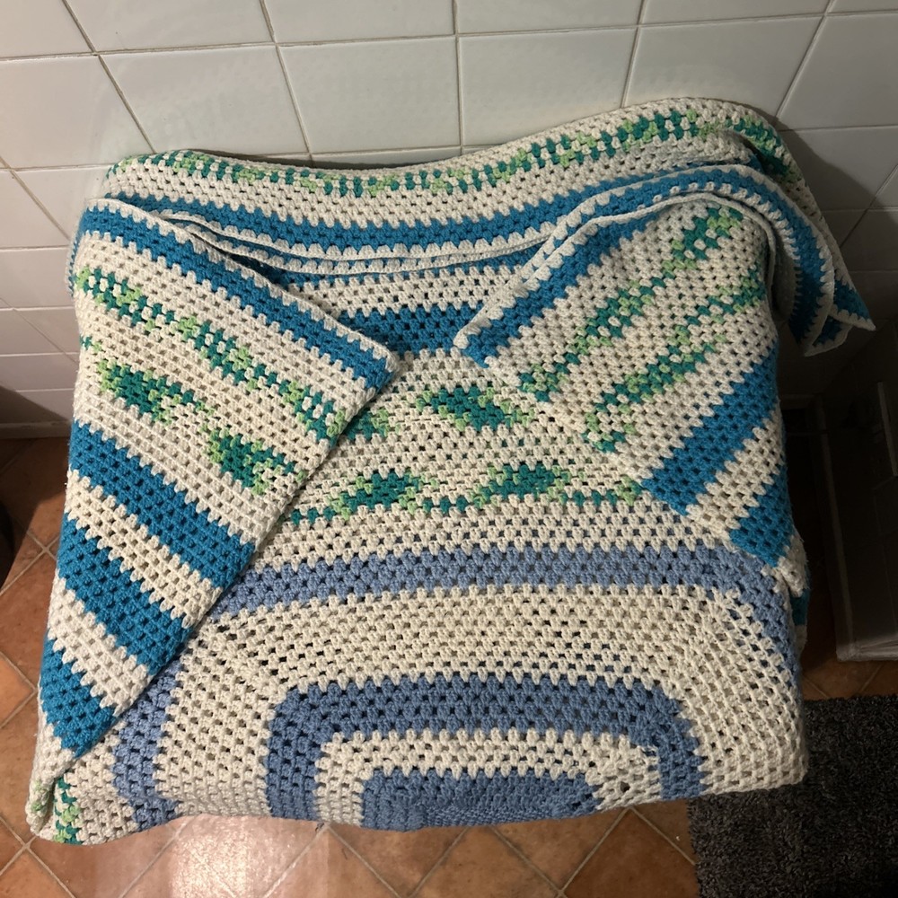 Wool Crochet Blanket Throw Handmade Blue White Green Pattern 150cm X 160cm