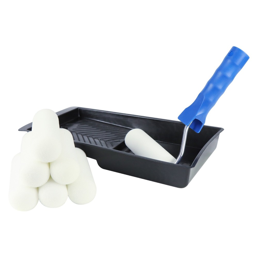 XDT Foam Paint Roller 10Pc Set 7Pc 4" Replacement Roller 2Pc Handle 1Pc Tray