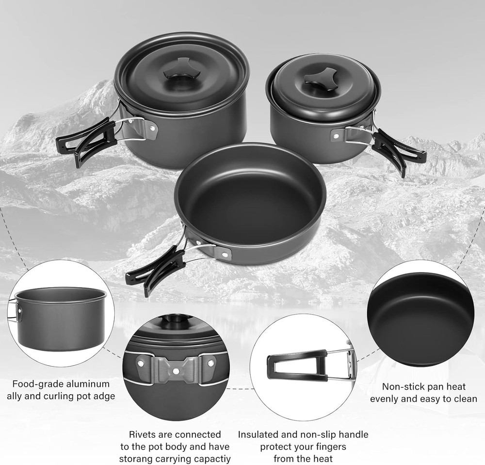 10pcs Camping Cookware Set Non-Stick Lightweight Stackable Pots Pans with Bag