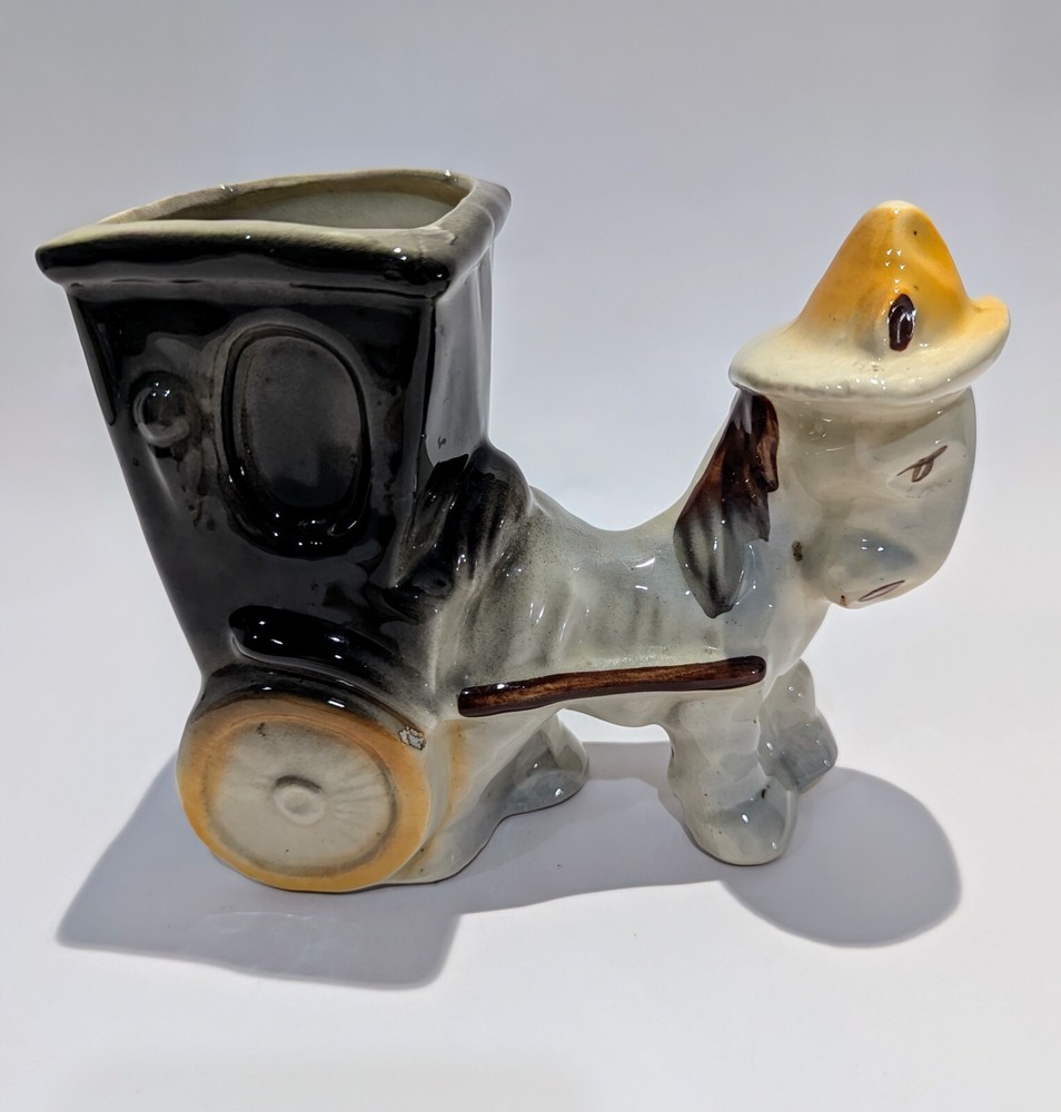 Vintage Shawnee Pottery Donkey Wearing Hat Pulling Cart Planter MCM