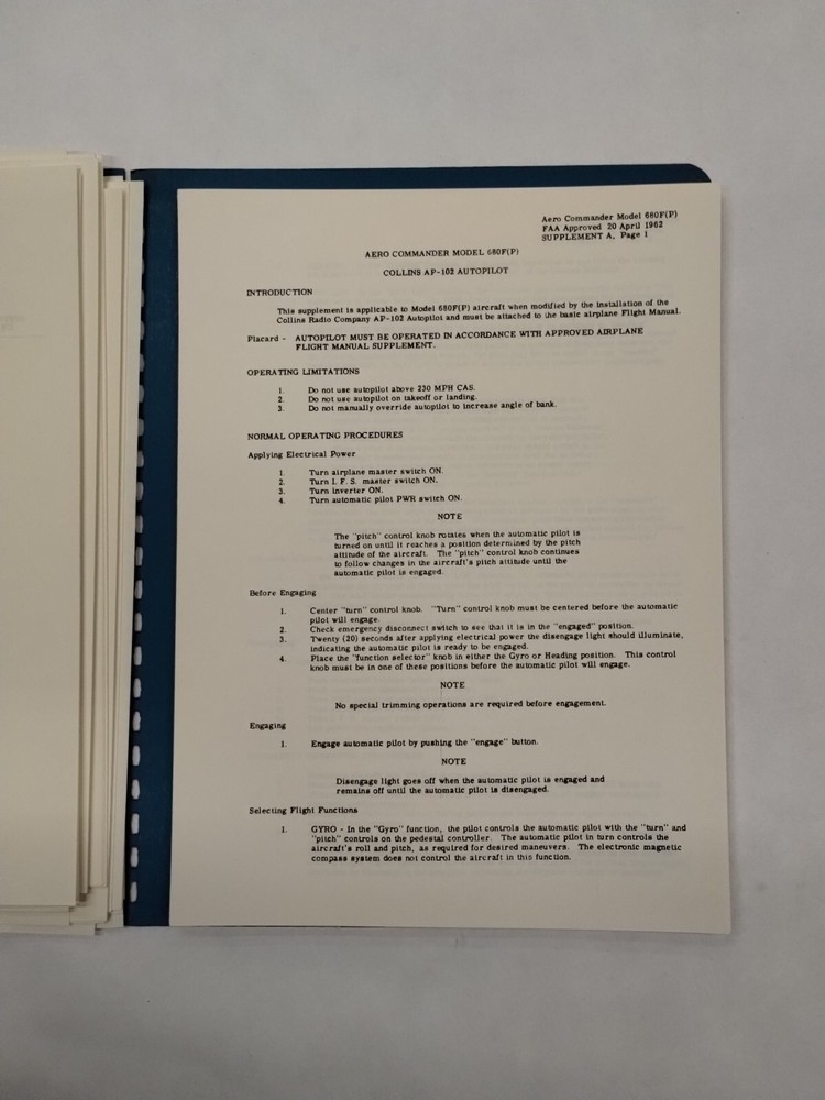 Aero Commander 1961 Model 680F Pressurized Flight Manual-Original