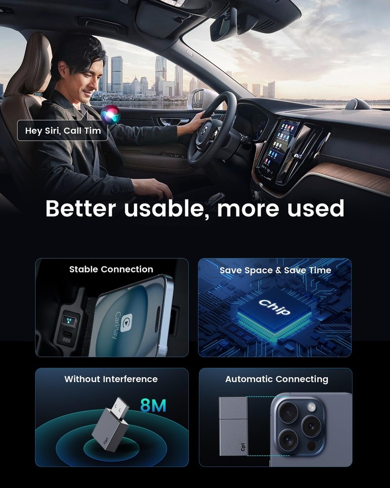 Wireless Carplay Adapter for iPhone - Plug & Play Convert Wired to Wireless C...