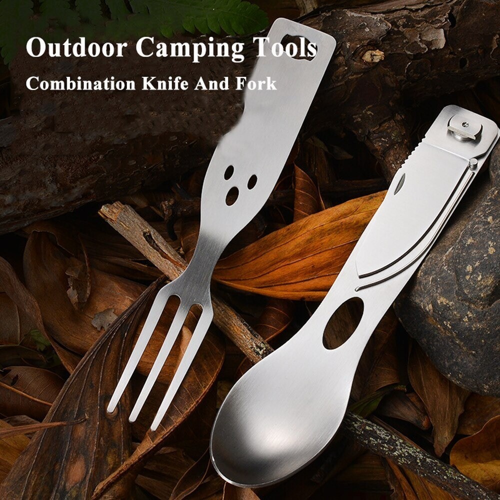 Folding Knife Fork Spoon Travel Camping Eating Tool Steel Silverware Backpacking