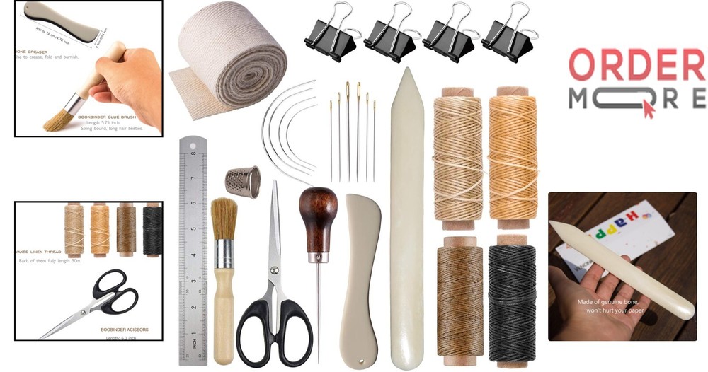Bookbinding Kit Supplies Set with Bone Folders Needles Thread Glue Ruler