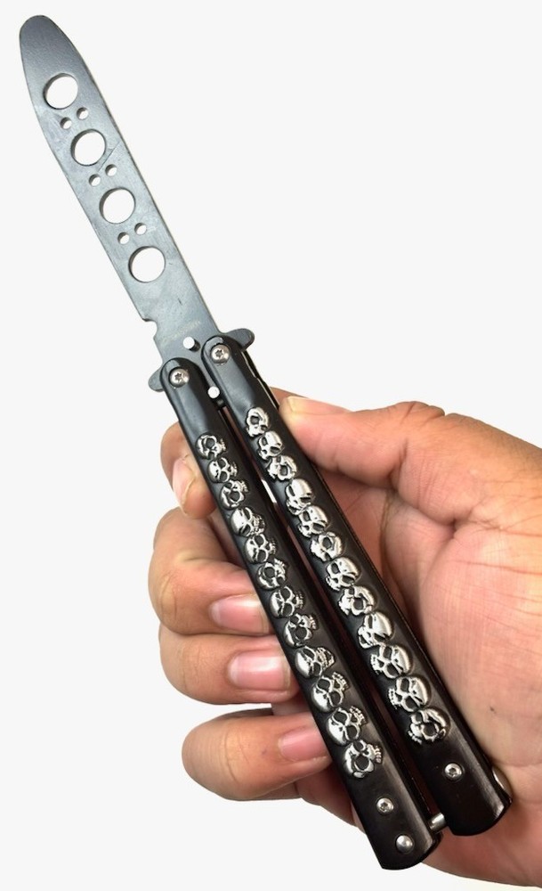 SILVER Skull High Quality Practice METAL Trainer Blade BUTTERFLY HANDLE