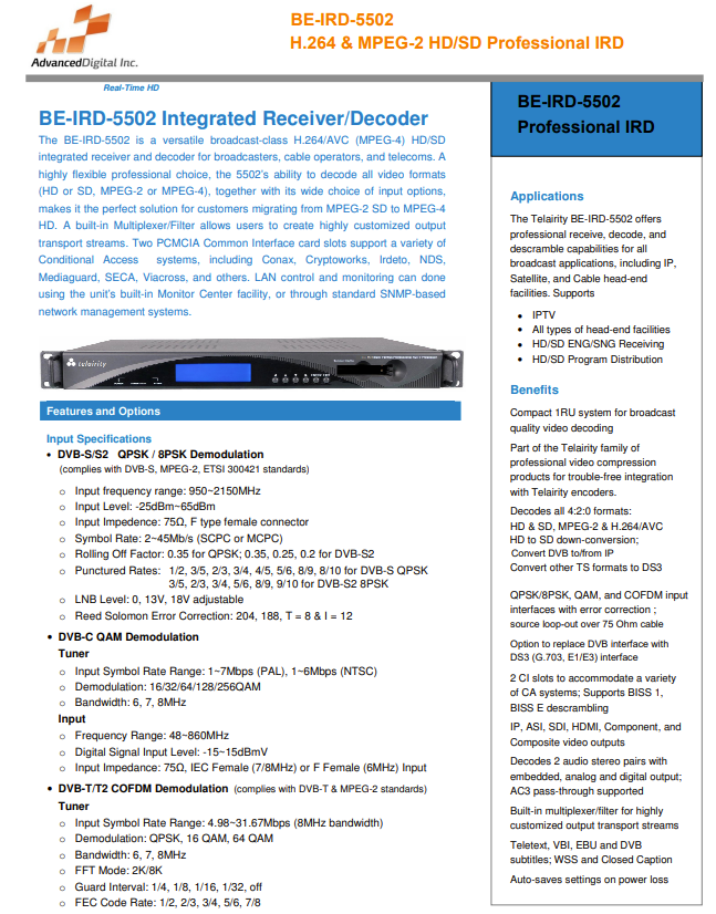 Telairity BE-IRD-5502P Satellite Integrated Receiver Decoder, Broadcast Quality!