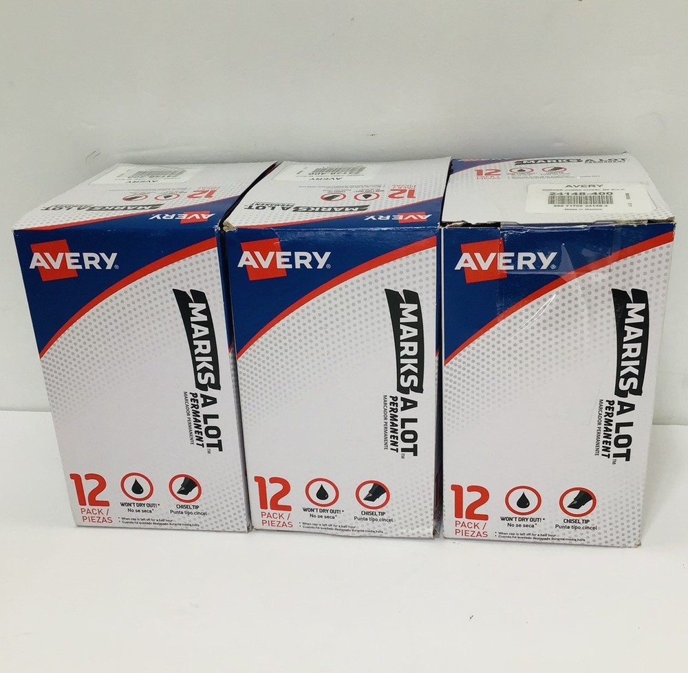 Avery Large Permanent Marker Marks A Lot Three boxes 36 Total Chisel Tip Black