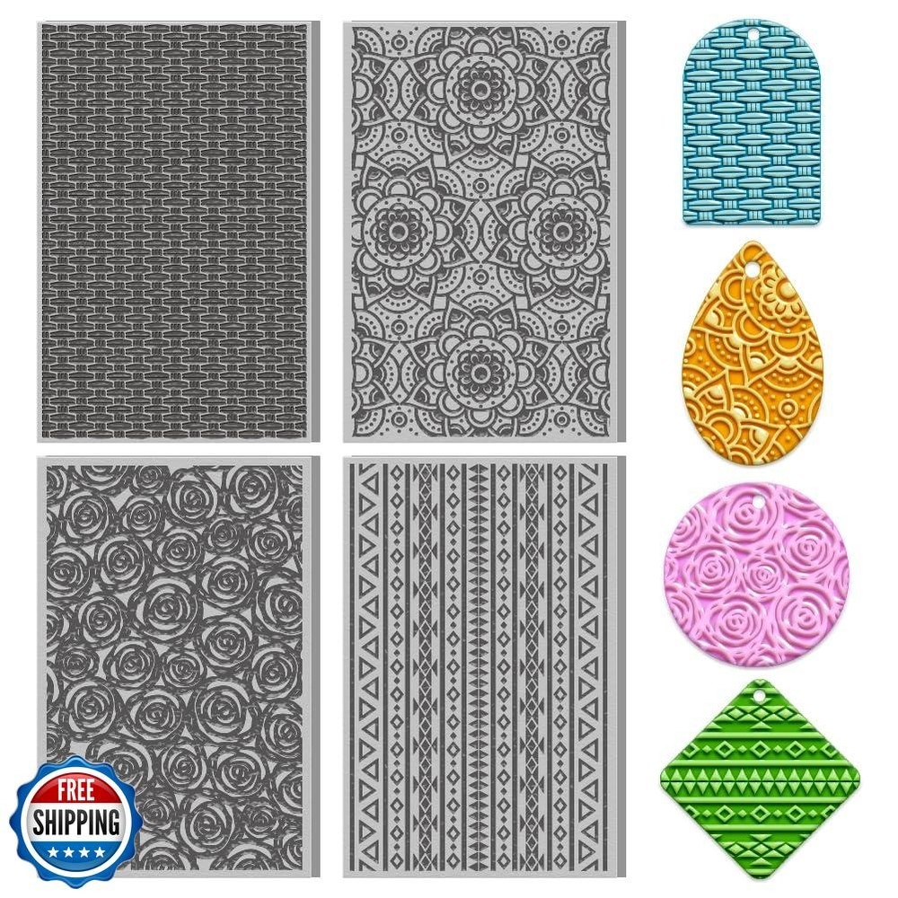 ACRNIGHEET 4PCS Polymer Clay Texture Sheets Set for Using with Clay Cutters,
