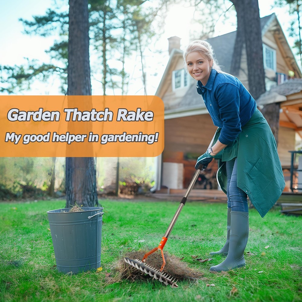 Thatch Rake with 68" Adjustable Handle,14" Dethatching Rake for Lawns – Re