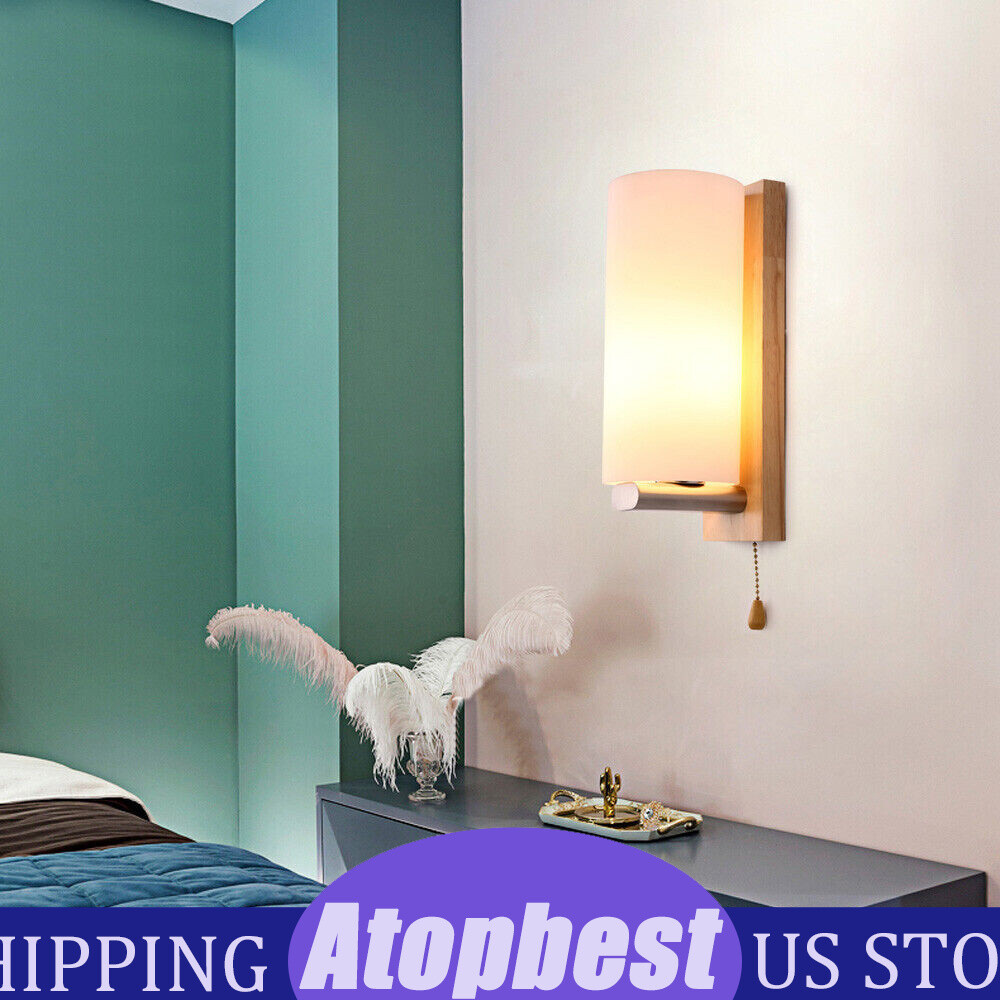 Modern White Wall Light Sconce Glass Shade Bedside Hallway Lamp With Pull Switch