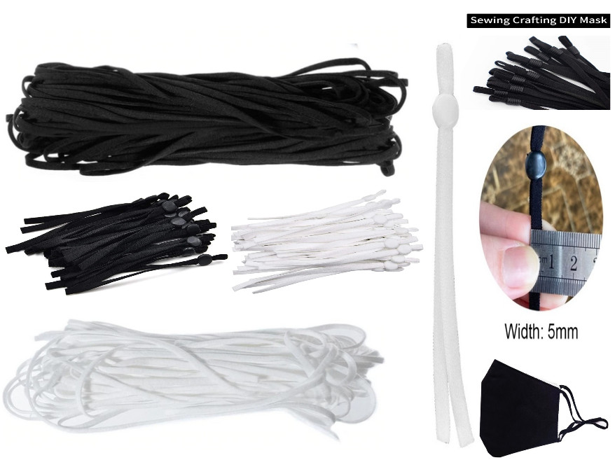 5mm Soft Flat Elastic Cord  -DIY Ear Band Loop for Crafting- White & Black