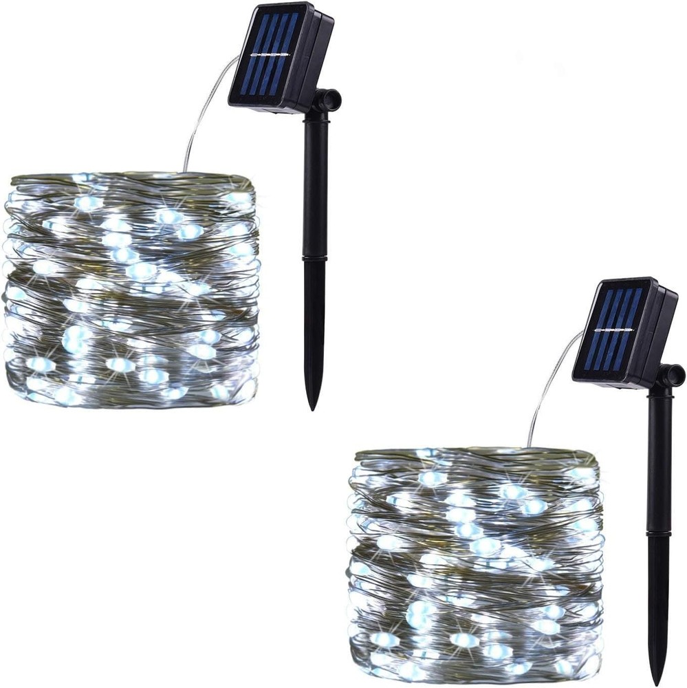2 Pack 100 LED Solar Powered String Lights Each 33FT Copper Wire 8 Modes Solar