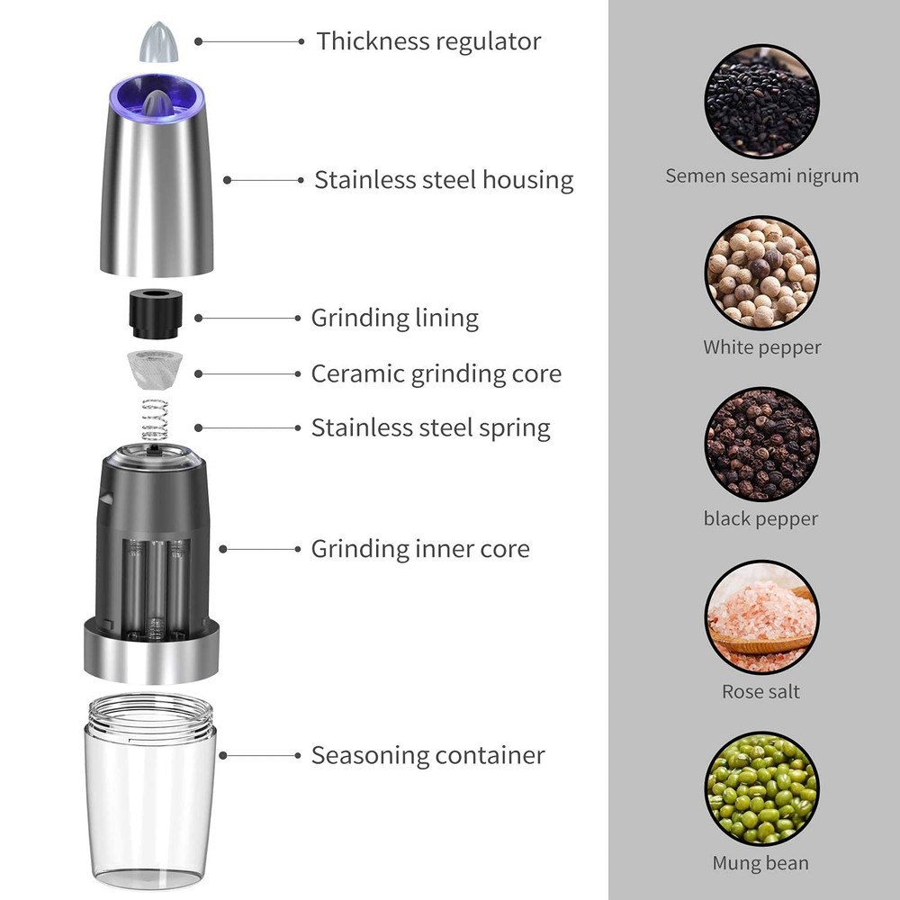 Gravity Electric Salt and Pepper Grinder Set Adjustable Coarseness 2 Pack
