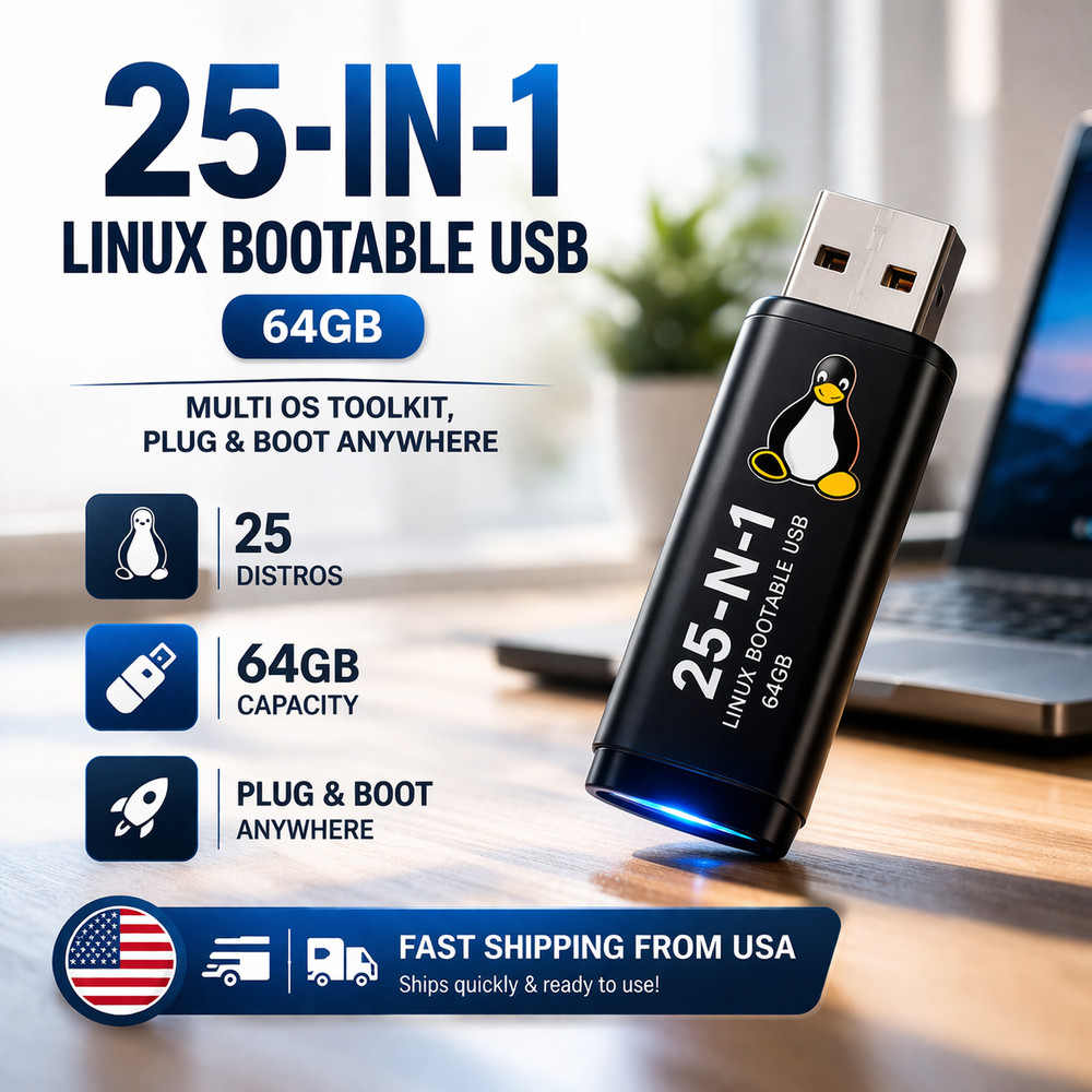 25-in-1 Linux Bootable USB 64GB Multi Boot OS Toolkit – Plug & Boot Drive