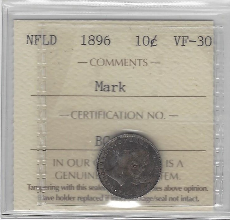 1896  ICCS Graded Newfoundland Ten Cent **VF-30**Mark